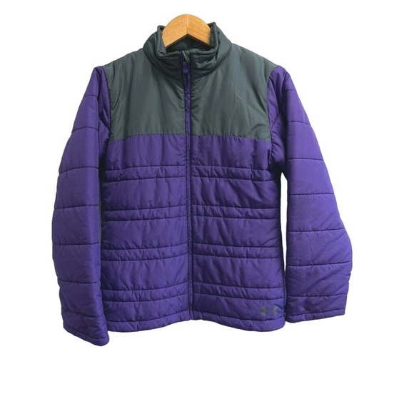 Under Armour Girls Youth L/XL Puffer Jacket Purple/Grey‎ Logo Back - Picture 1 of 8